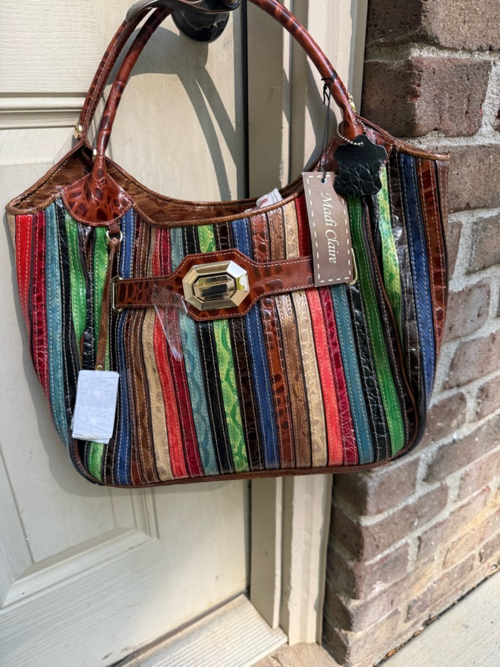 Madi Claire brand Multi-Color Striped Leather Tote Bag NEW !
